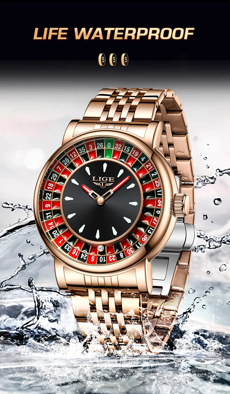LIGE Quartz Man Watch Fashion Luxury Creative Roulette Game Dial Design Leather Casual Life Waterproof Watches for Men Gifts+Box