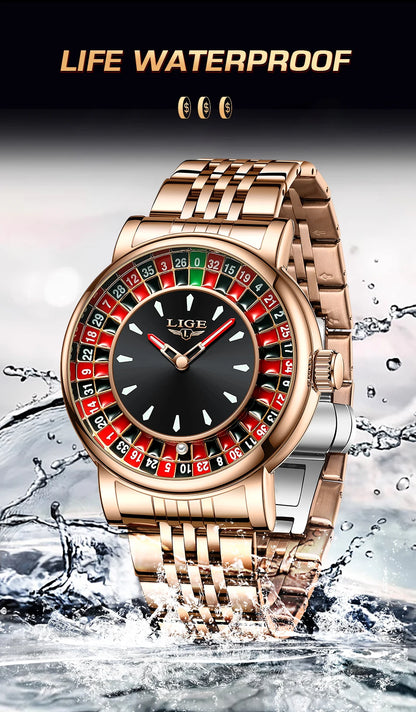 LIGE Quartz Man Watch Fashion Luxury Creative Roulette Game Dial Design Leather Casual Life Waterproof Watches for Men Gifts+Box