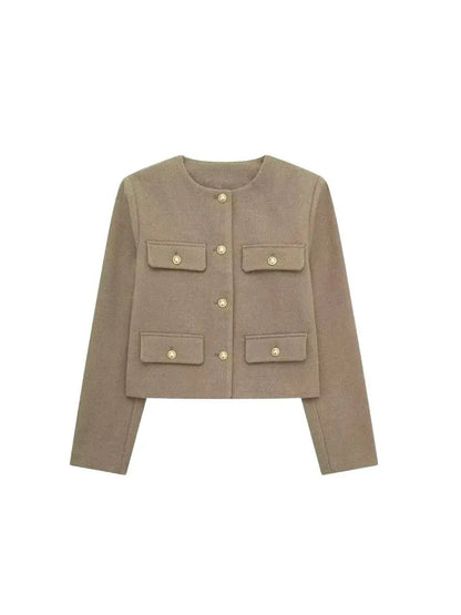 Women's Golden Button Jacket Coat, O Neck, Long Sleeve, Female Outerwear, Chic Tops, Fashion