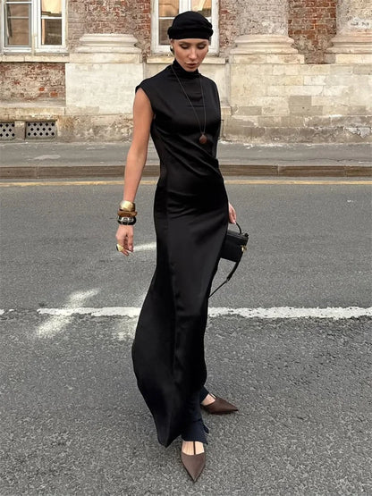 Tossy Casual Sleeveless Satin Maxi Dress Female Turtleneck Patchwork Slim Fashion Solid Commute Dress For Women Long Dress 2025