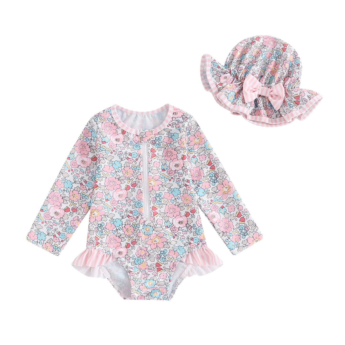 MISOWMNJOY Ruffle Floral Print Baby Girls Beachwear Summer Rash Guard Swimsuit Long Sleeve Bathing Suit Infant Swimwear with Hat