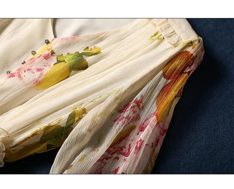 Limiguyue Summer Floral Print Silk Dresses Double Layers Ruffle Beaded Button A-Line Dress Elegant Chiffon Long Vestidos Z044
