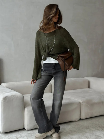 Bornladies Simple Solid Color Long Sleeved Sweater Women's Spring Knitted Hollow Top Loose Versatile Casual Sweater Pullovers