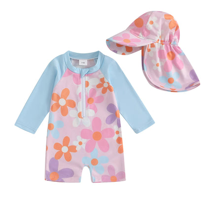 Toddler Girls Boys Beach Wear Kids Swimwear Summer Long Sleeve Floral/Tropical Print Zip Up Bathing Suits with Hat For Swimsuit