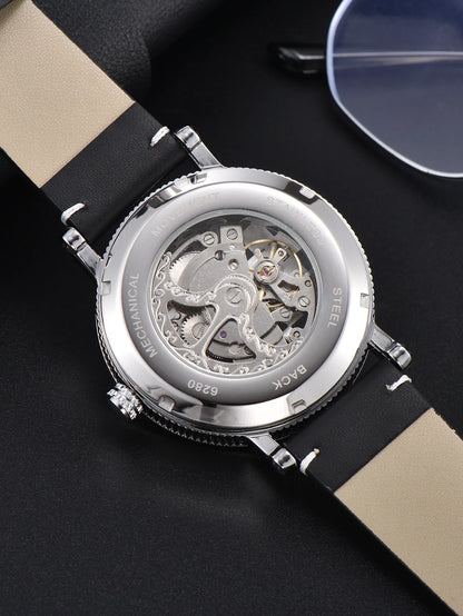Men automatic watch chess checjerboard mechanical watches waterproof vintage business luminous skeleton leather gift for you