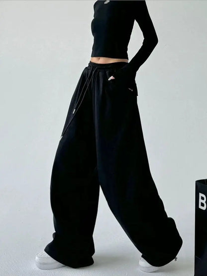 2025 New Harajuku Wide Leg Sweatpants Women Streetwear Baggy Oversize Gray Sports Pants Woman Drawstring Casual Joggers Trousers