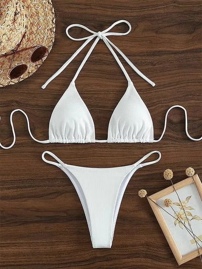 2025 Special Pit Stripe Fabric Bikini Set Women Sexy Simple Solid Halter Bikini Swimsuit High Waisted Lace Up Beach Bathing Suit
