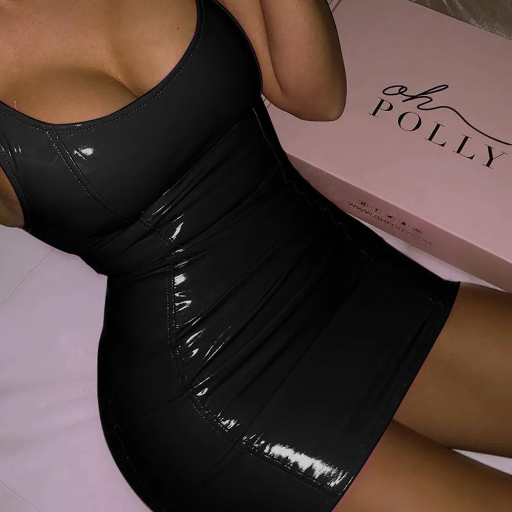 Womens Dresses 2025 Summer Nightclub Party Sexy Hot Girl Sleeveless Zipper PU High Elastic Round Neck Hip Wrap Mini Dress Y2K