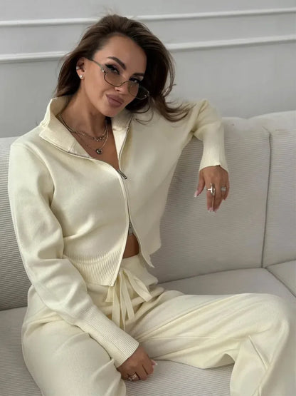 Blubelle Women's New Autumn Winter Zip Up Knit Set Trendy Slim Fit Cardigan Pants Chic Commuting Sweater Outfit