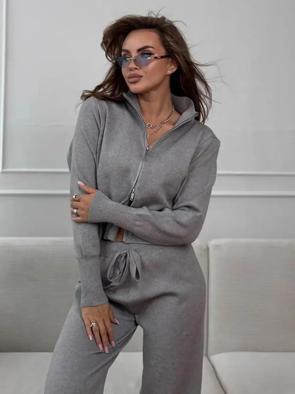 Blubelle Women's New Autumn Winter Zip Up Knit Set Trendy Slim Fit Cardigan Pants Chic Commuting Sweater Outfit