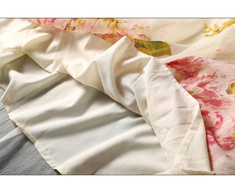 Limiguyue Summer Floral Print Silk Dresses Double Layers Ruffle Beaded Button A-Line Dress Elegant Chiffon Long Vestidos Z044