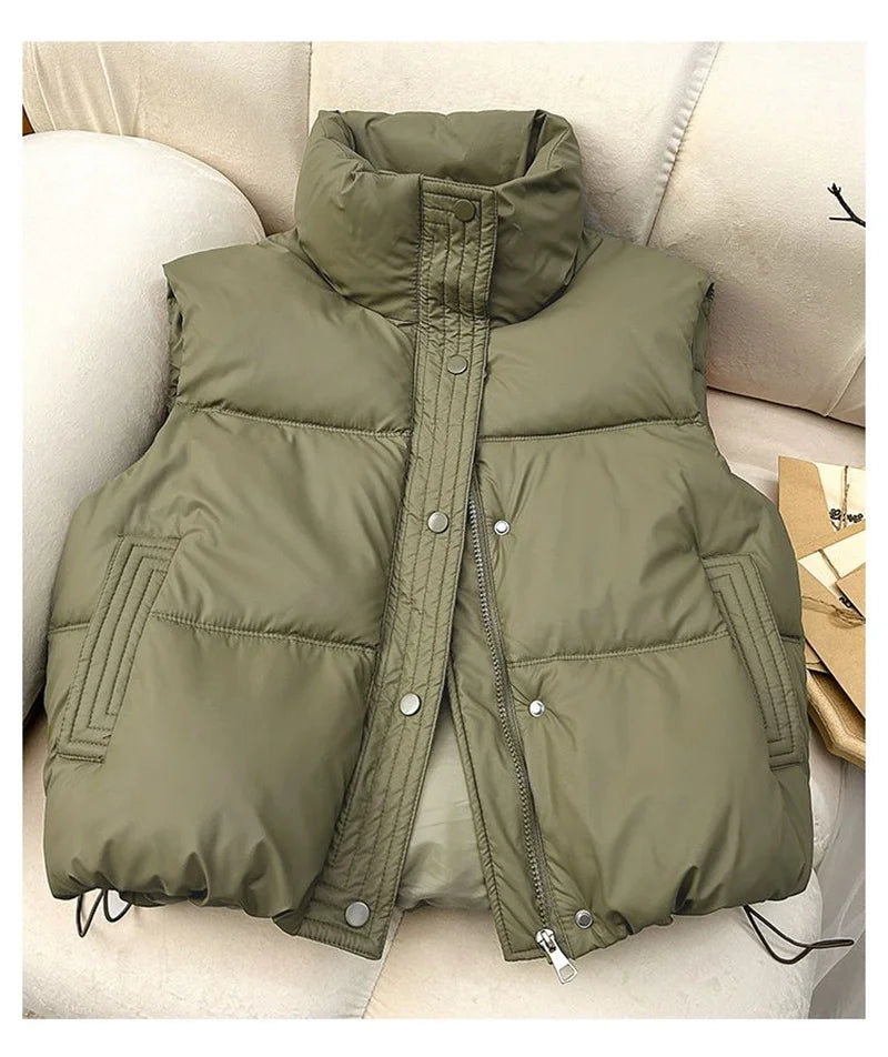 Winter Down Cotton Vest Jacket Women's 2025 New Sleevele Stand Parkas Warm Short Vest Coat Female Waistcoat Overcoat Ladies Tops