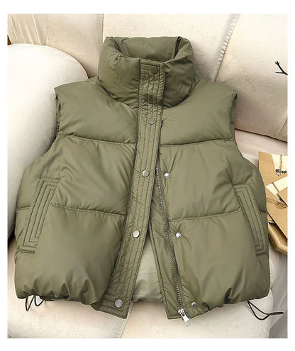 Winter Down Cotton Vest Jacket Women's 2025 New Sleevele Stand Parkas Warm Short Vest Coat Female Waistcoat Overcoat Ladies Tops