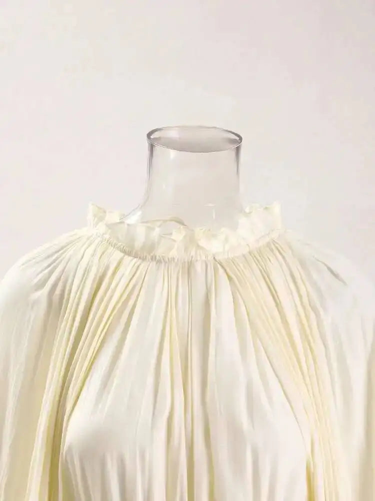 IEQJ Elegant Big Swing Irregular Ruffles Party Maxi Dresses For Women Cloak Sleeves Spliced Lace Up Pleated Dress 2025 New