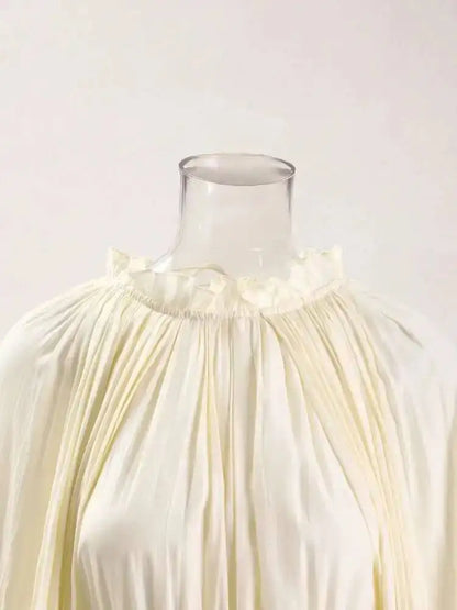 IEQJ Elegant Big Swing Irregular Ruffles Party Maxi Dresses For Women Cloak Sleeves Spliced Lace Up Pleated Dress 2025 New