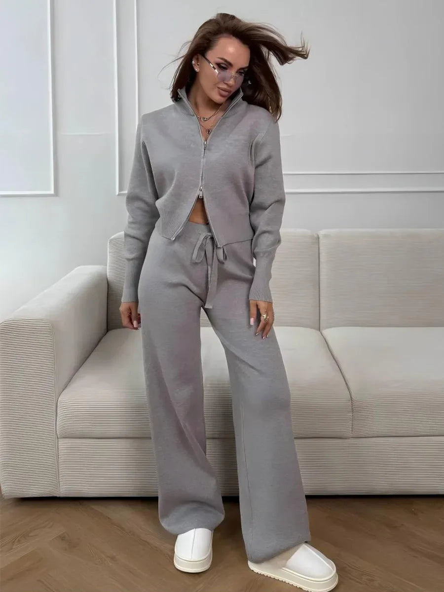 Blubelle Women's New Autumn Winter Zip Up Knit Set Trendy Slim Fit Cardigan Pants Chic Commuting Sweater Outfit
