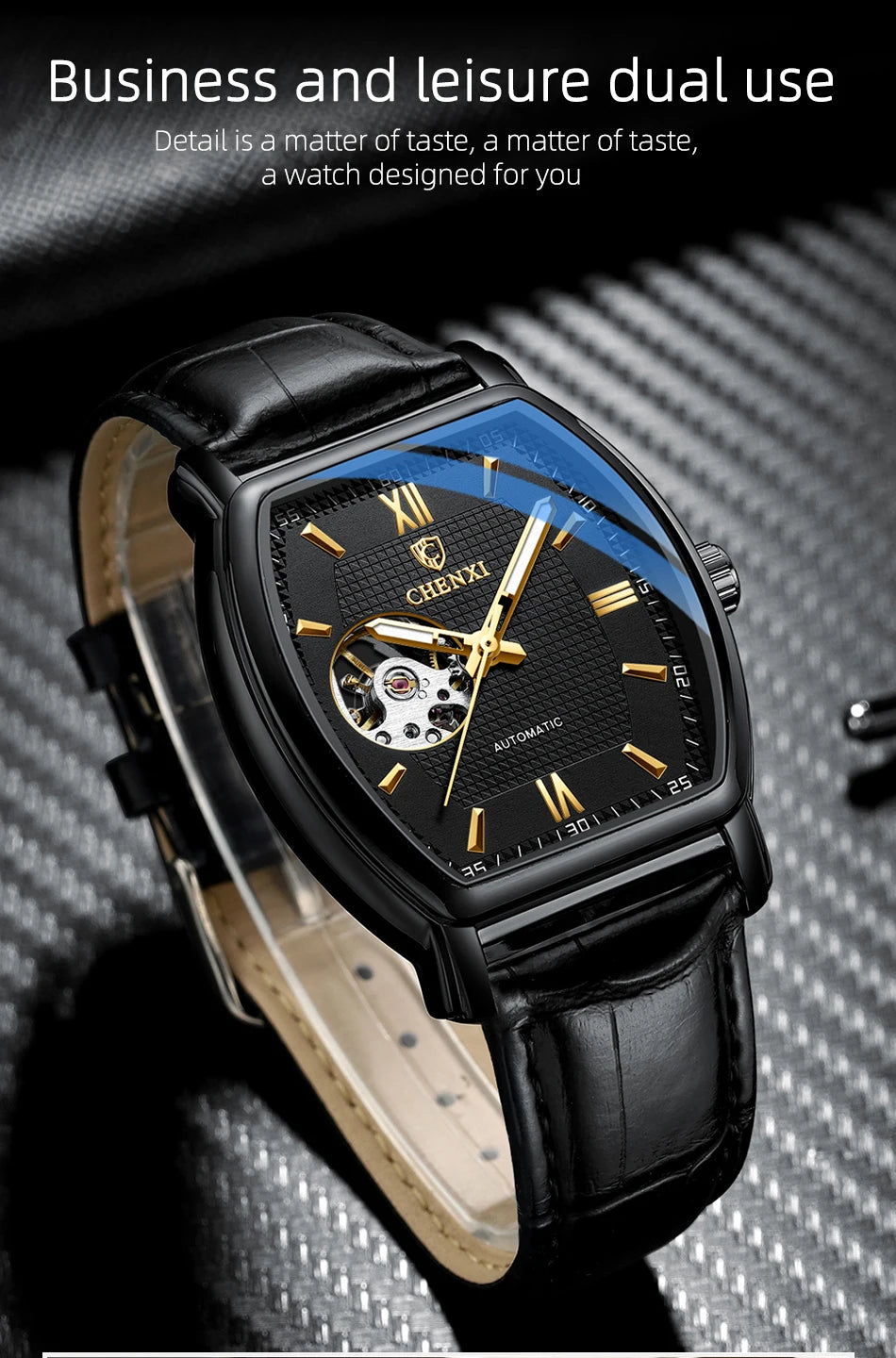 Automatic Mechanical Skeleton Man Watch Fashion Luxury CHENXI Watches For Men Business Leather Waterproof Tonneau Wristwatch