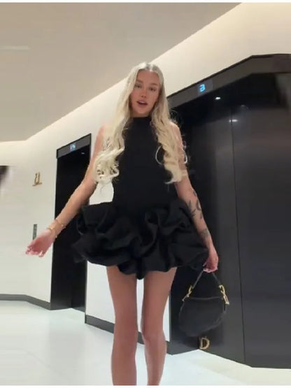 Gentle Sweet Mini Dress Sleeveless Ruffled Bubble Skirt Women Dresses Party Chic Female Stylish Fashion Date Outfits