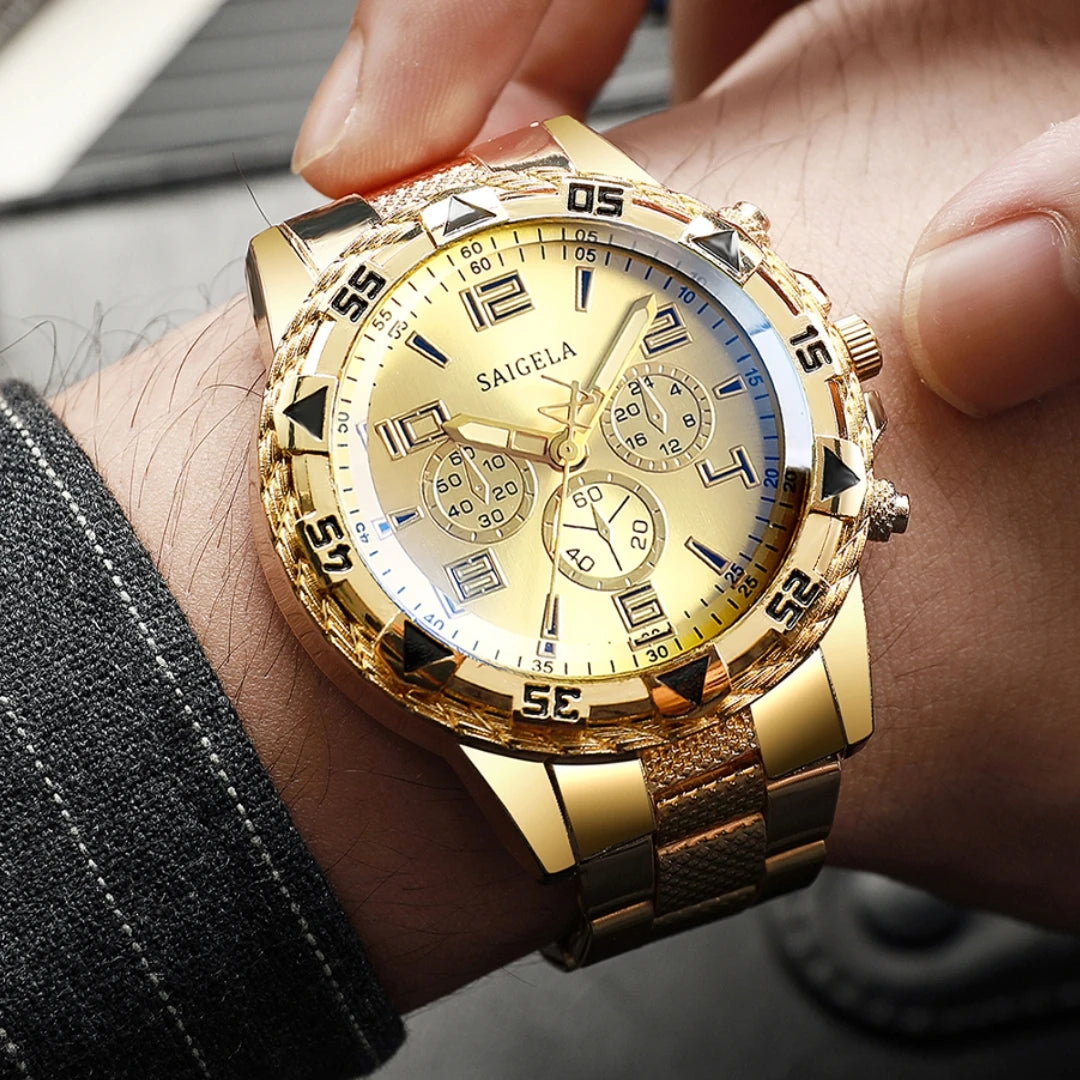 3PCS/Set Luxury Stainless Steel Band Men Business Watches Fashion Male's Quartz Watch Hip-hop Diamond Jewelry Set (Without Box）