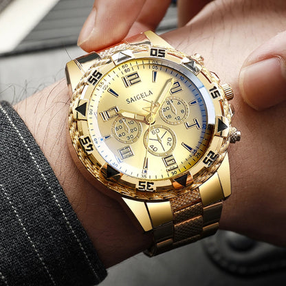 3PCS/Set Luxury Stainless Steel Band Men Business Watches Fashion Male's Quartz Watch Hip-hop Diamond Jewelry Set (Without Box）