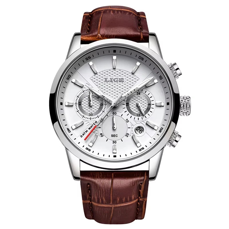 LIGE Mens Watches Luxury Waterproof Sport Man Watch Chronograph Military Genuine Leather Men Quartz Wristwatch Relogio Masculino