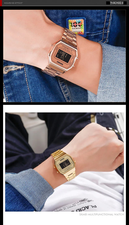 SKMEI 1647 Casual Simple Mens Wristwatches Stainless Steel Band Waterproof Watch Men reloj hombre Retro LED Digital Male Watches