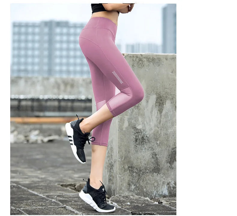 High Waist Mesh Sports Leggings Women Yoga Pants Quick Drying Capris Crop Fitness Tight Breathable Pant Running Gym Trousers