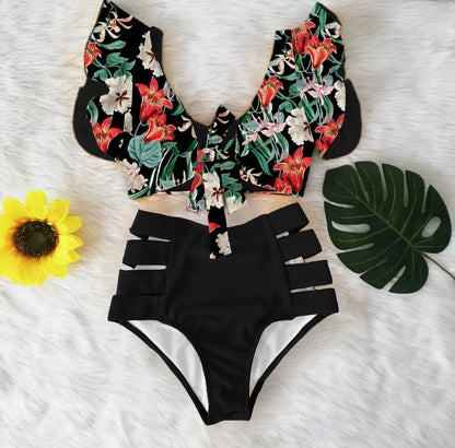 High Waist Ruffled Sexy Bikini Set 2025 Flounce Biquini Swimwear Women Two Pieces Swimsuit Floral Beachwear V-Neck Bathing Suit