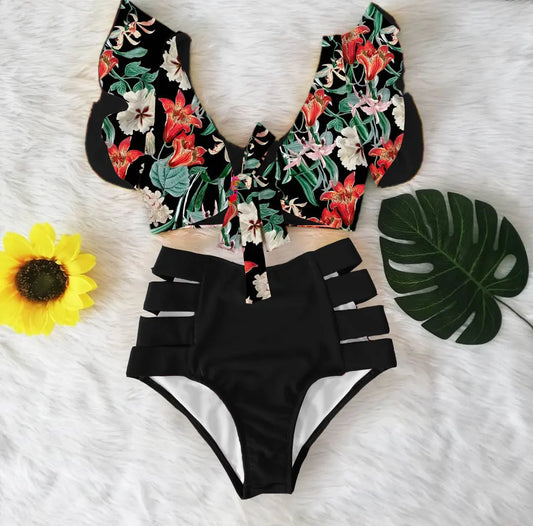 High Waist Ruffled Sexy Bikini Set 2025 Flounce Biquini Swimwear Women Two Pieces Swimsuit Floral Beachwear V-Neck Bathing Suit