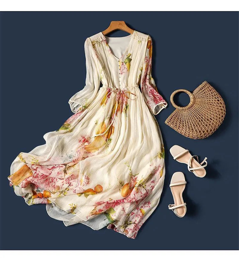 Limiguyue Summer Floral Print Silk Dresses Double Layers Ruffle Beaded Button A-Line Dress Elegant Chiffon Long Vestidos Z044