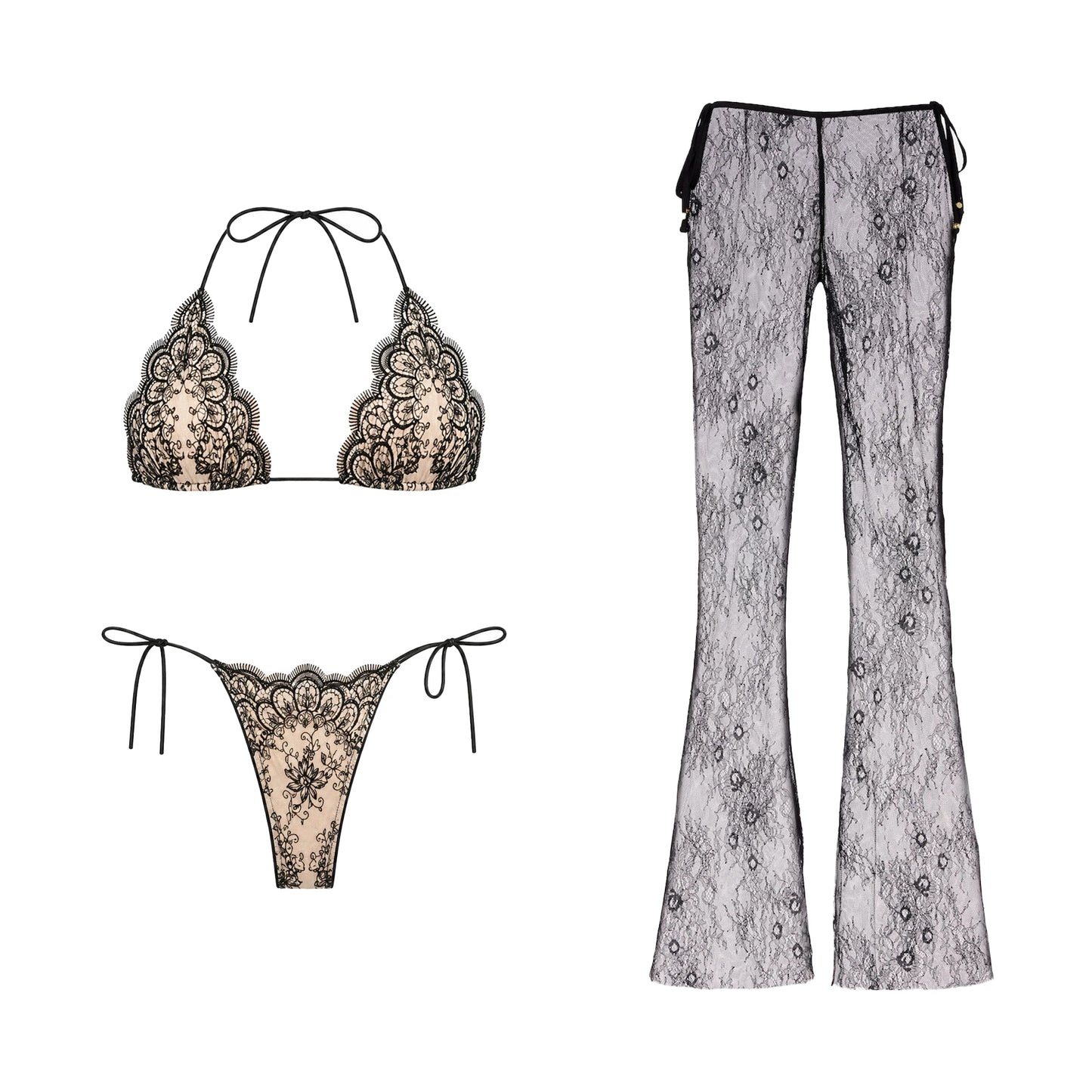 Mesh Bikini with Pants Swimsuit Brazilan Bikini Set Swimwear for Women Lace Halter Shirring 3 Pcs Bathing Suits Summer Female