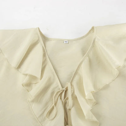 Casual Ruffled Shirt Shorts 2-Piece Set Women V Neck Flare Sleeve Lace-up Loose Blouse Shorts Suit Summer Beach Vacation Outfits