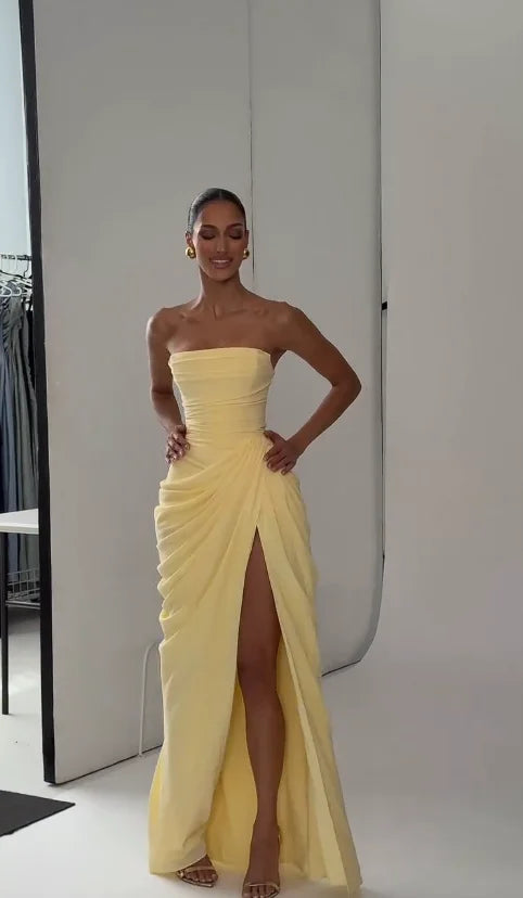 Lady Sexy Strapless Split Solid Pleated Dress Women Chic Backless High Waist Off-shoulder Dresses 2026 New Evening Party Gowns