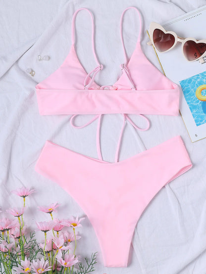 New High Elastic Bikini Set for 2025 Summer Two Pieces Solid Color Lace-up Sexy Women Swimsuit Beach Bathing Suit Swimwear