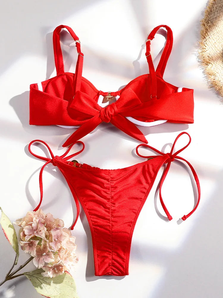 Bordered Bikini Sets for Women Off Shoulder Swimwear Sexy Bikinis Patchwork Swimsuit Bathing Suit Leopard Print Beachwear