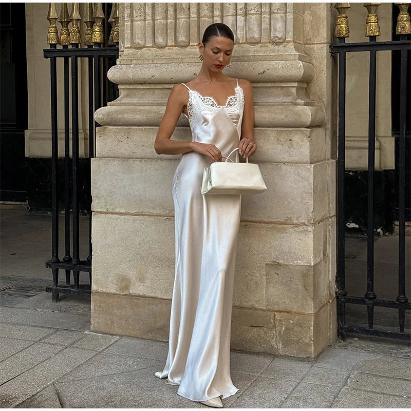 Lace Patchwork Sling Maxi Dress Women Sexy Solid V-neck Sleeveless Backless Satin Slim Long Gown Lady Chic Evening Party Dresses