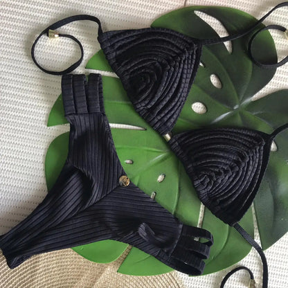 2025 New Bandage Stripes Brazilian Bikini Swimwear Women's Swimsuit Two Piece Set Female Sexy Lace up Mujer Beachwear Summer