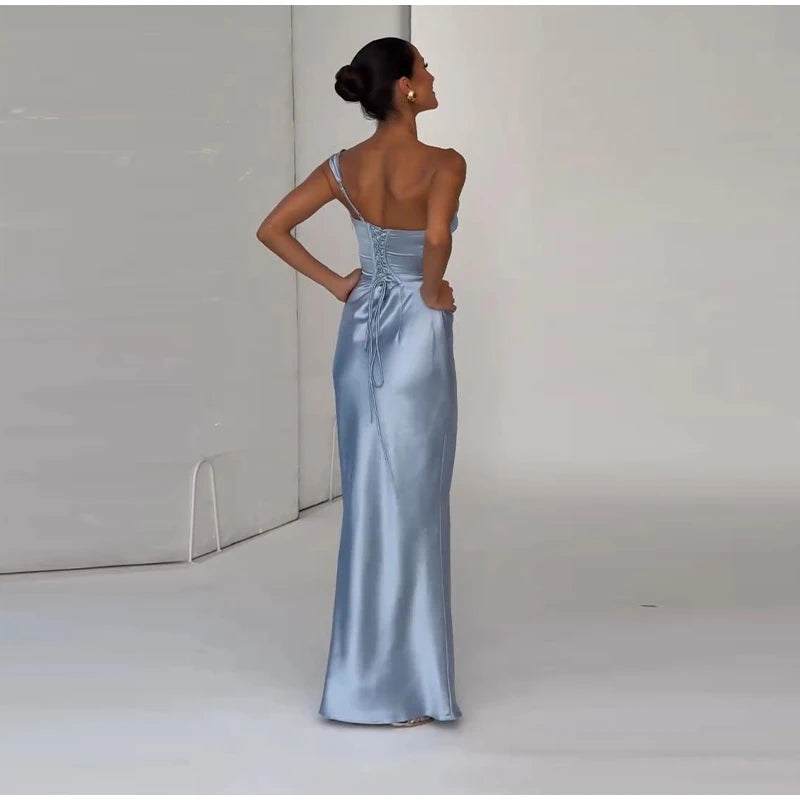 One Shoulder Satin Women 's Maxi Dress Cowl Neck Ruched Waist Bodycon Dresses 2026 Summer Woman Formal Evening Party Vestidos