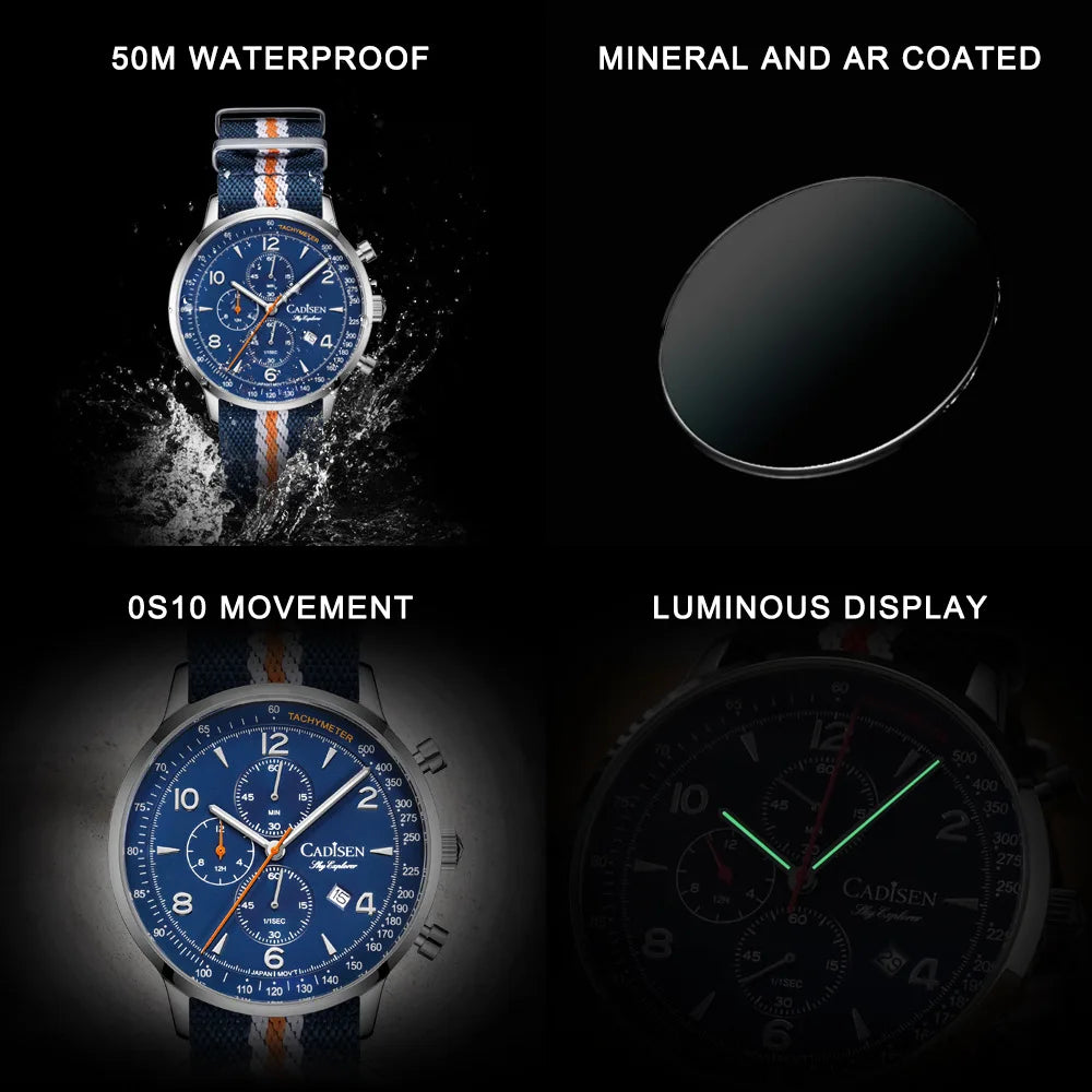 CADISEN Men's Watches Luxury Quartz Watch For Men Japan MIYOTA 0S10 Movt Canvas Strap Chronograph Waterproof Men's Wristwatch