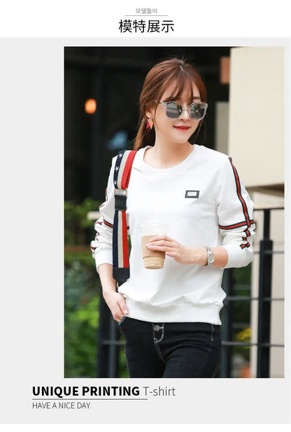 Spring Lady New Loose Appear Thin Long Sleeved Thin Style Korean Round Neck Patchwork Contrasting Colors Insert All-match Tops