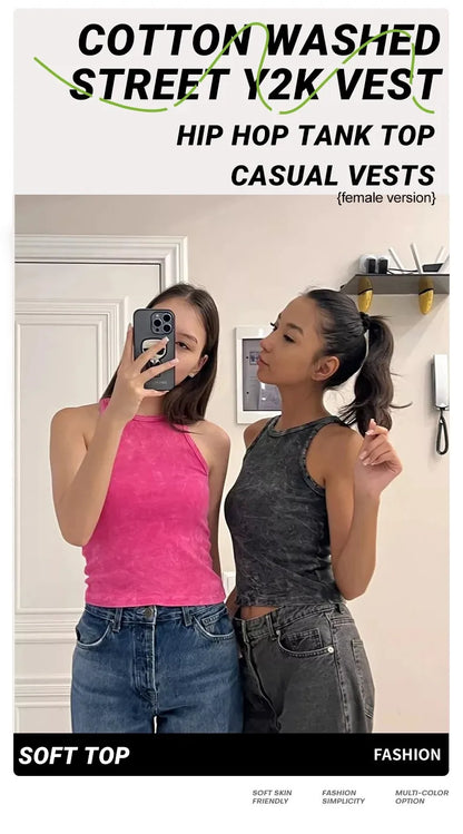 Y2k Cotton Solid Tank Tops For Womens Summer Sexy Sleeveless O-Neck Tight Washed Crop Tees Casual All-math Basic Streetwear