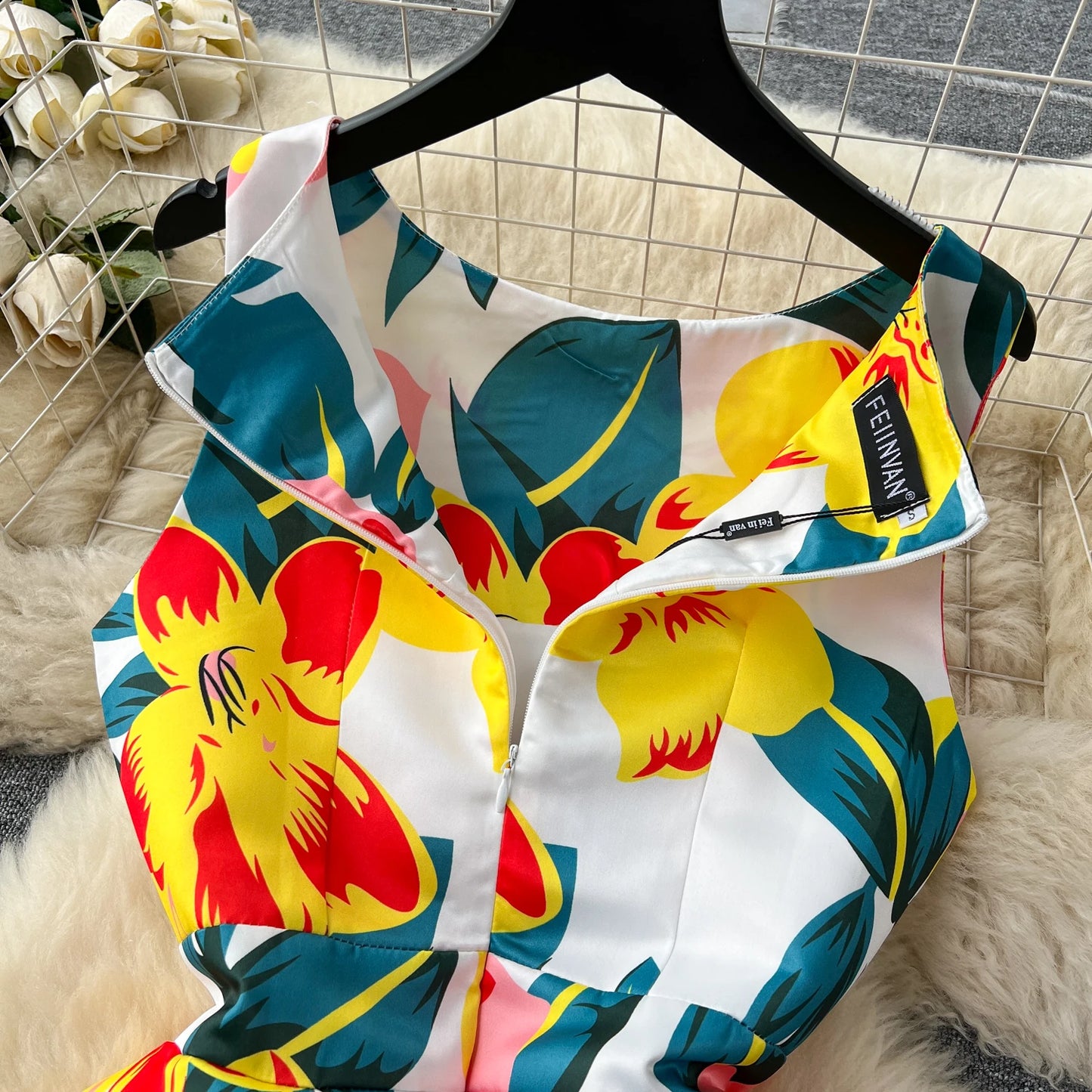 French Elegant Floral Dress Women Retro Round Neck Sleeveless Print Party Dresses Summer Slim A-line Vintage Long Robe Vestidos