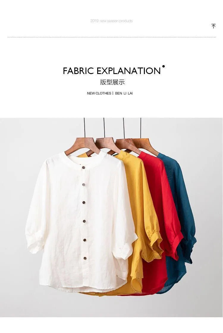 Cotton and linen shirt women's spring and summer thin solid color lantern sleeve stand collar top loose large size shirt