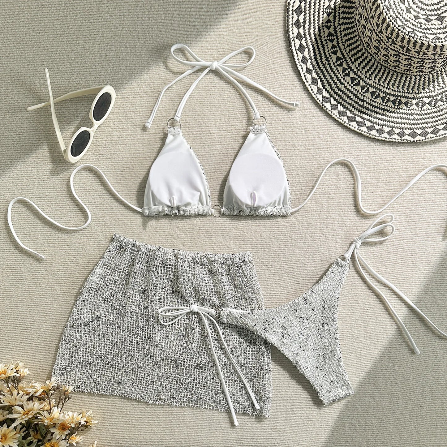 2025 New Halter Strappy Hollow Out Skirt Bikini Female Swimsuit Women Swimwear 3 pieces Bikini set Bather Bathing Suit S