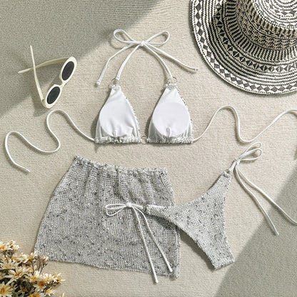 2025 New Halter Strappy Hollow Out Skirt Bikini Female Swimsuit Women Swimwear 3 pieces Bikini set Bather Bathing Suit S