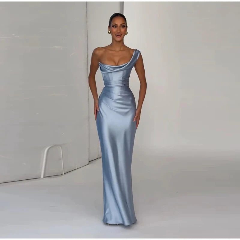 One Shoulder Satin Women 's Maxi Dress Cowl Neck Ruched Waist Bodycon Dresses 2026 Summer Woman Formal Evening Party Vestidos
