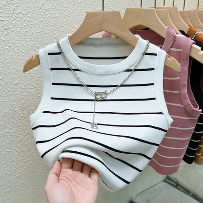 AOSSVIAO 2026 New Waistcoat Women Wear Striped Wide Edge Temperament Summer Top Short Knit Sleeveless Bottom Shirt
