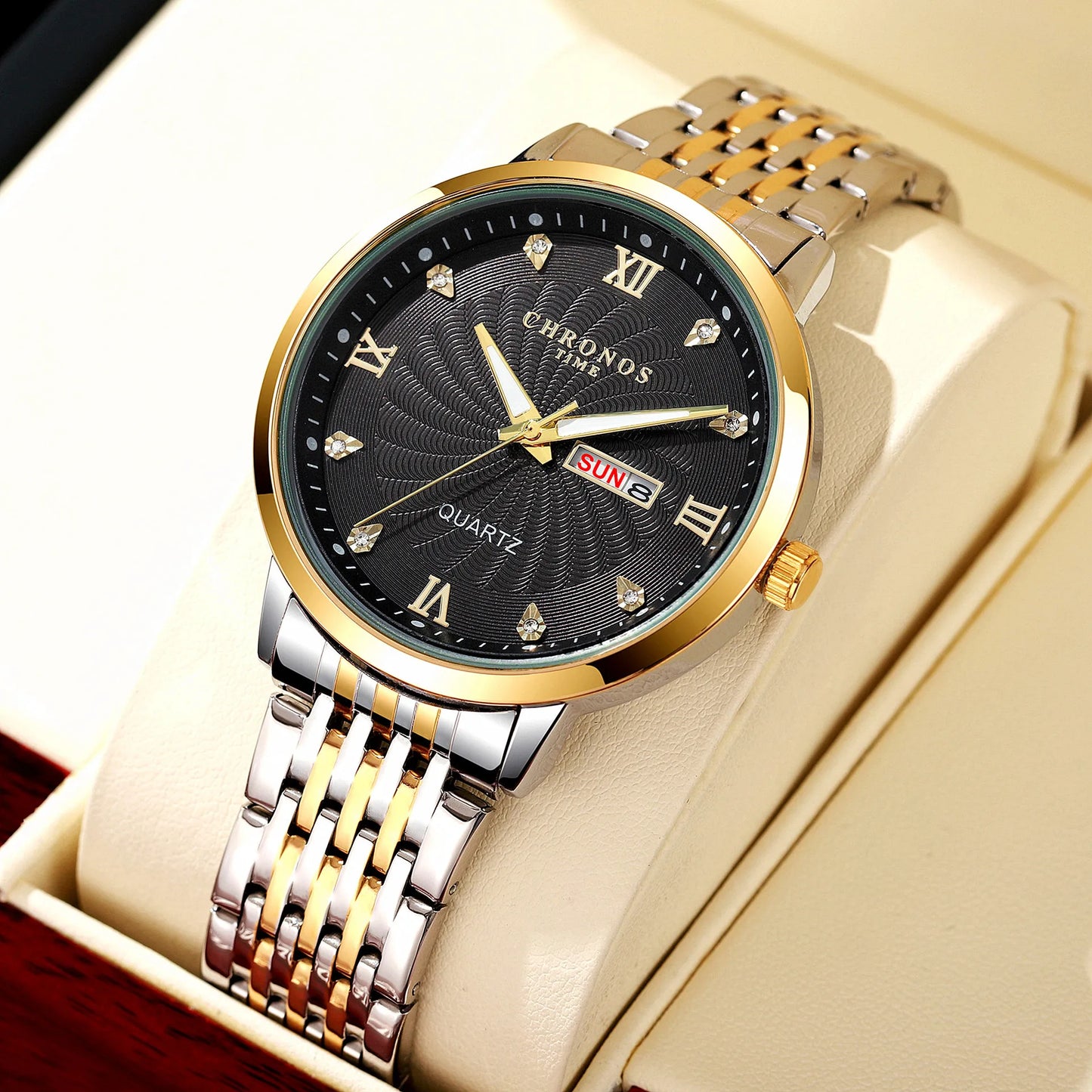 CHRONOS Mens Watch Waterproof Stainless Steel Business Men Wrist Watches with Calendar Auto Date Quartz Classic Office Timepiece