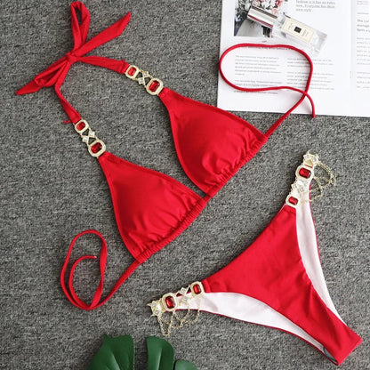 2026 Shiny Rhinestone Diamond Bikini Women Swimsuit Female Swimwear Two Pieces Bikini Set Halter Metal Chains Bathing Suit Swim