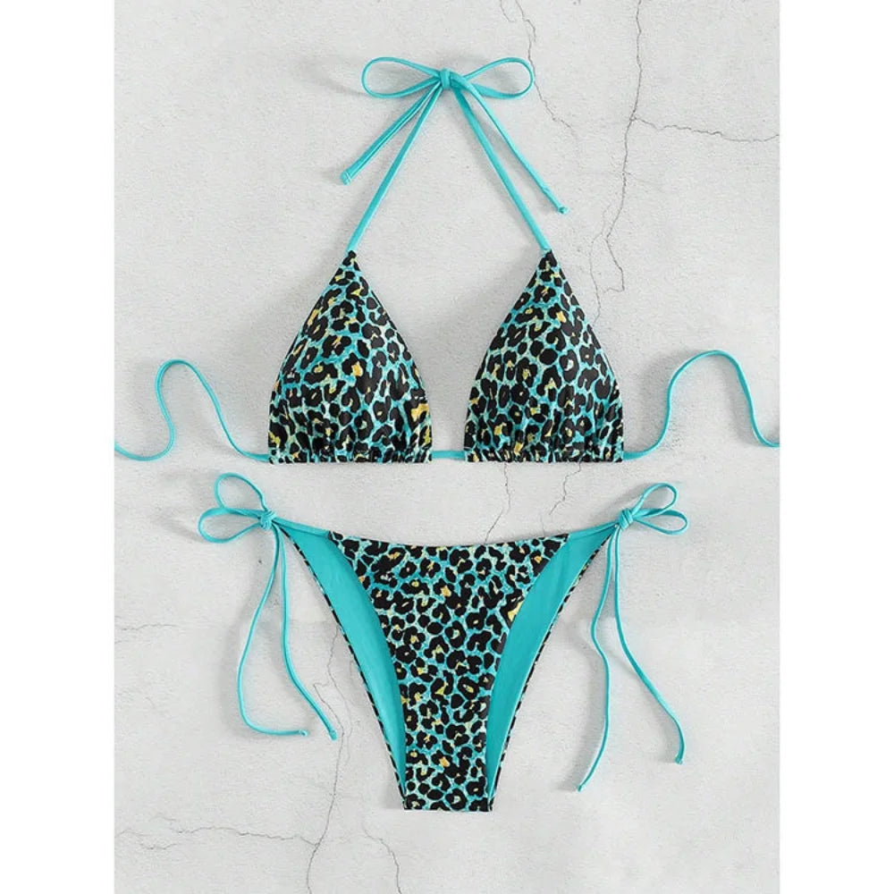 Sexy Leopard Print Two Piece Swimsuit Set Triangle Bra Suspender Halter Backless Bikini Set Beach Vacation Lace-up Swimwear 2025